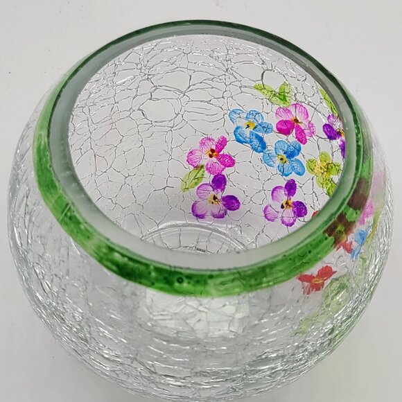 FINAL CLEARANCE Hand Painted Floral Crackle Glass Votive Candle Holder Vase 4” - Picture 5 of 9